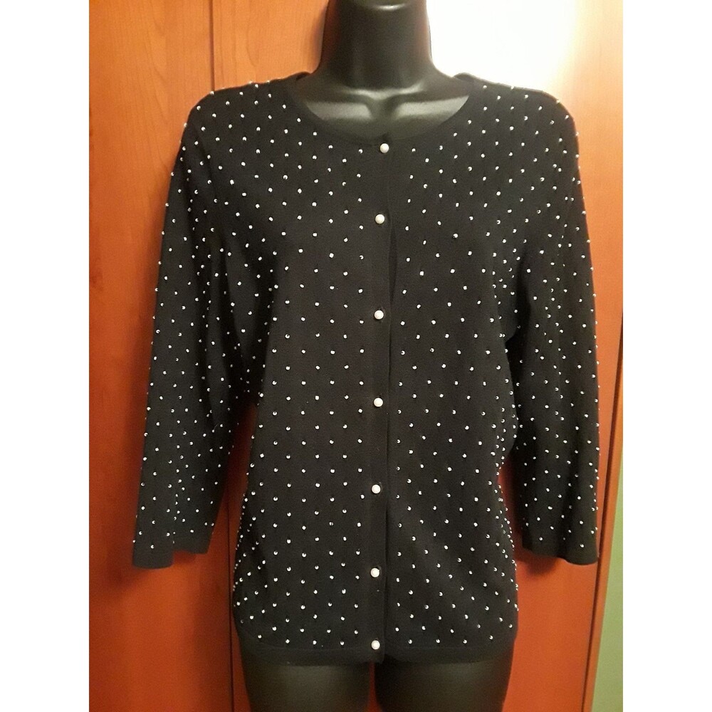 Jones New York Signature Cotton Blend Cardigan Faux Pearls Beads & Buttons Sz M